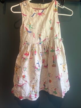 Mini Boden White Circus Print Dress with Pink, Green & Yellow Accents